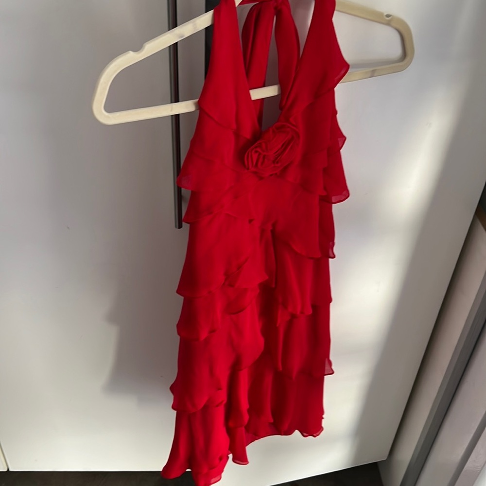 Cache red ruffle dress halter top with rose. Size 4.